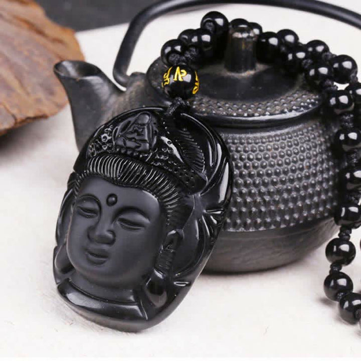 Buddha Stones Ossidiana nera naturale Kwan Yin Avalokitesvara Forza Collana con ciondolo - image 6