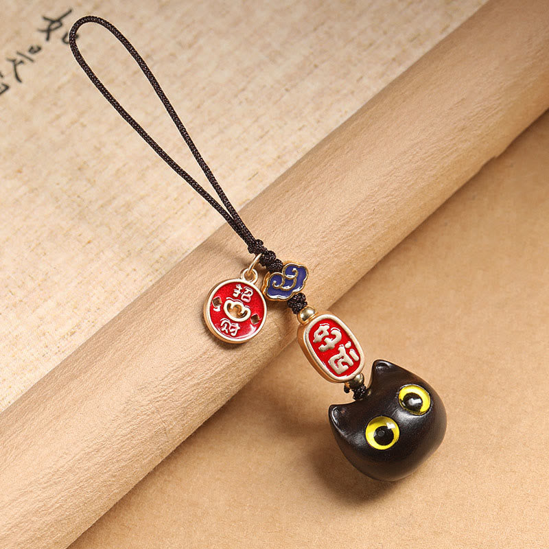 Buddha Stones Legno di ebano Gatto fortunato Nuvola di buon auspicio Pace Portachiavi Telefono Decorazione da appendere - Gatto dagli occhi gialli - Decorazione da appendere al telefono - image 8