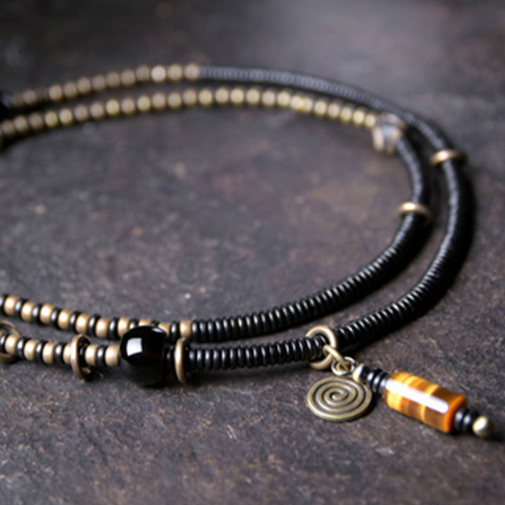 Buddha Stones Legno di ebano Perline Dzi Rame Pace Coppia Bracciale Collana Pendente