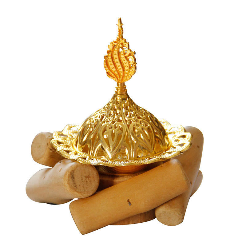 Mini bruciatore di incenso curativo in lega d'oro con sottobicchiere in legno, decorazione per la casa