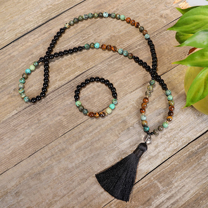 Buddha Stones 108 Mala Beads Pietra naturale Occhio di tigre Turchese Protezione Forza Bracciale Collana