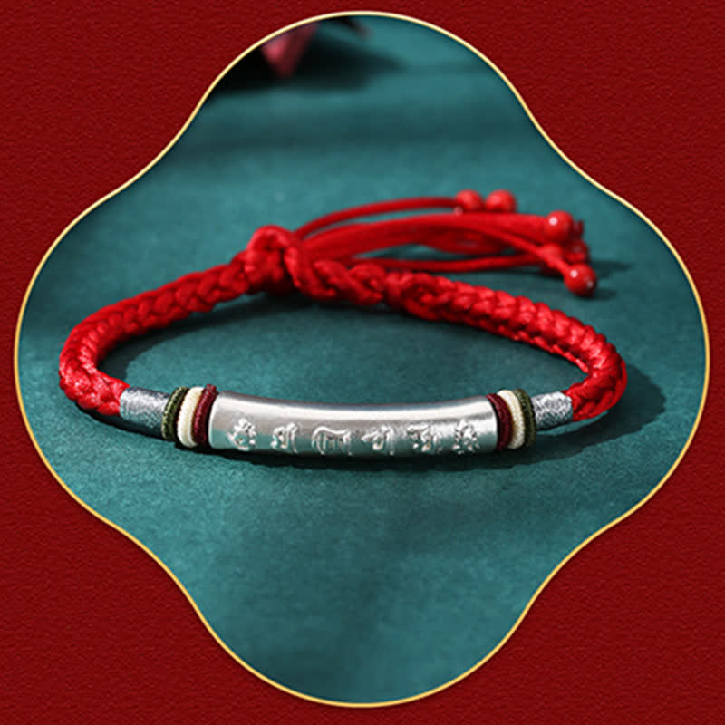 Braccialetto di corda di protezione e forza Om Mani Padme Hum in argento sterling 999 Buddha Stones
