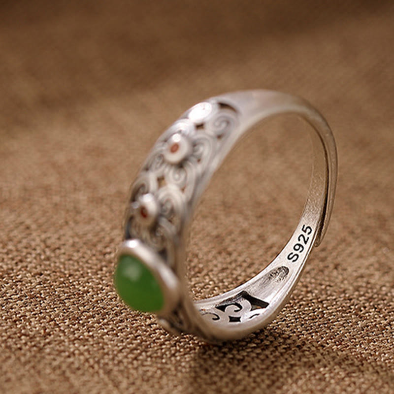 Anello regolabile in argento sterling 925 Buddha Stones e giada ciano Hetian Harmony