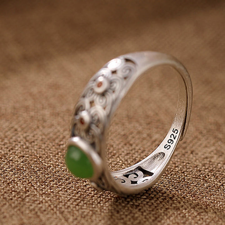 Anello regolabile in argento sterling 925 Buddha Stones e giada ciano Hetian Harmony
