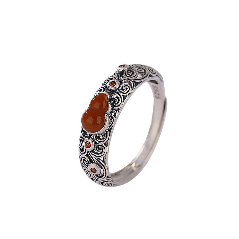 Anello di buon auspicio con zucca, giada ciano e agata rossa in argento sterling 925