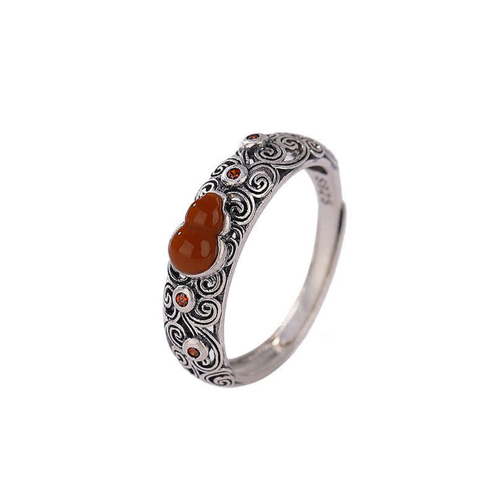 Anello di buon auspicio con zucca, giada ciano e agata rossa in argento sterling 925
