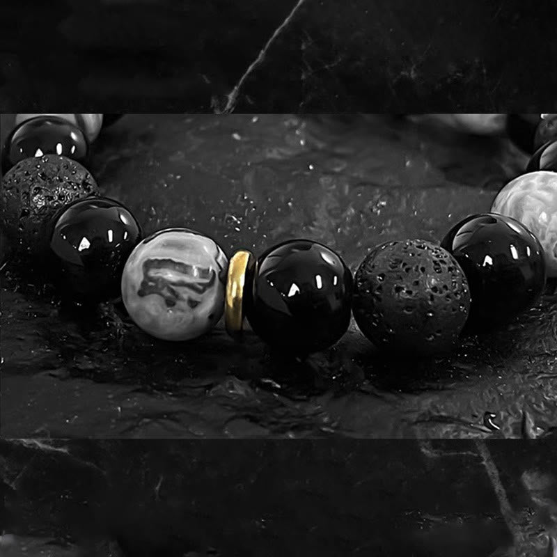 Braccialetto di forza Yin Yang in pietra lavica di ossidiana nera Buddha Stones