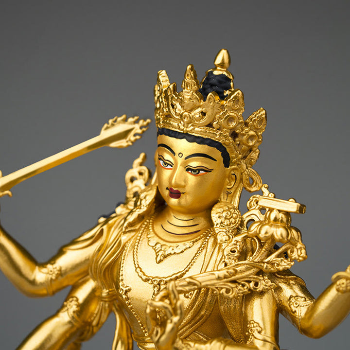Statua in rame della compassione e serenità del Bodhisattva Manjusri a quattro braccia, statuetta in oro, decorazione per la casa