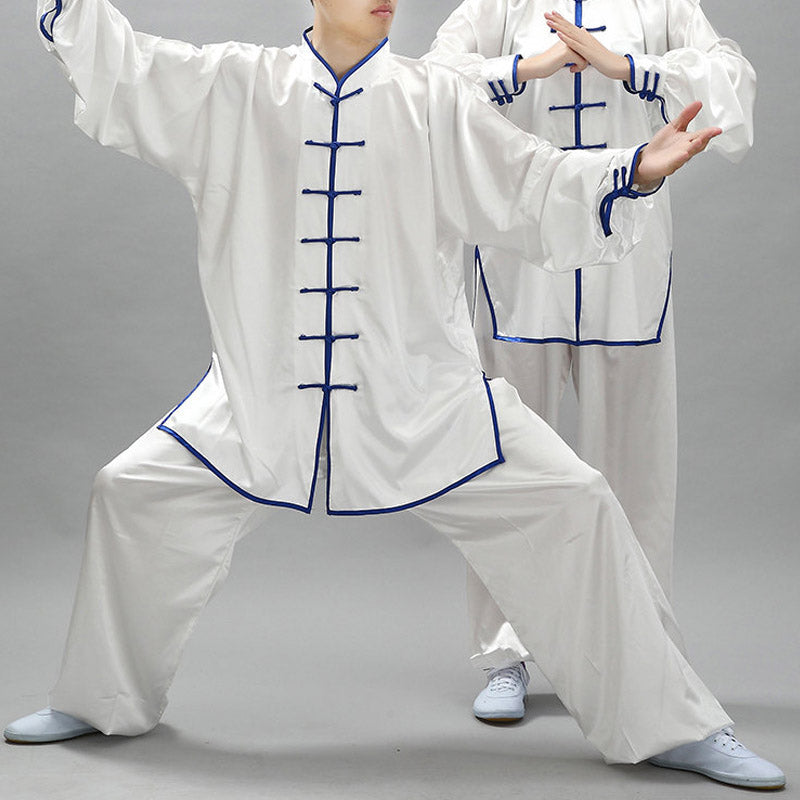 Buddha Stones Modello semplice Meditazione Preghiera Spirituale Zen Tai Chi Qigong Pratica Set di abbigliamento unisex - Bianco + bordo blu - 3XL- ADATTO PER USA/UK/AU/UE - 2XL - image 0