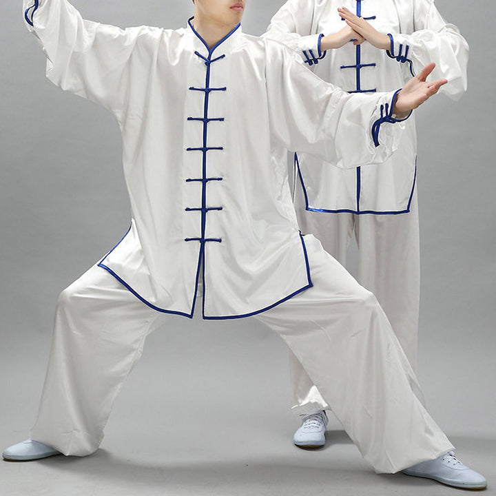 Buddha Stones Modello semplice Meditazione Preghiera Spirituale Zen Tai Chi Qigong Pratica Set di abbigliamento unisex - Bianco + bordo blu - 3XL- ADATTO PER USA/UK/AU/UE - 2XL - image 0