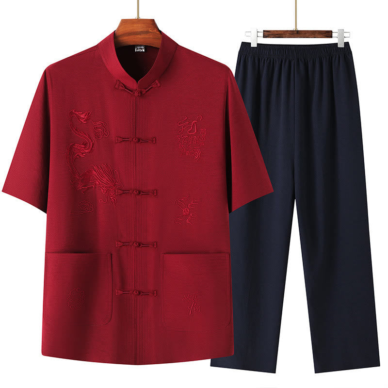 Buddha Stones Tang Suit Hanfu Drago Cinese Tradizionale Kung Fu Uniforme Manica Corta Top e Pantaloni Abbigliamento Uomo Set