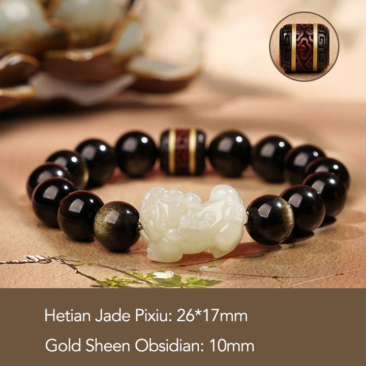 Buddha Stones Oro Naturale Lucentezza Ossidiana Giada Ciano Hetian Giada Bianca Bracciale PiXiu Ricchezza