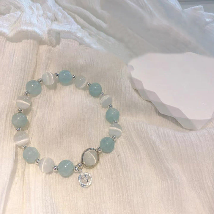 Braccialetto con ciondolo di supporto in argento sterling 925 con occhio di gatto e acquamarina Buddha Stones