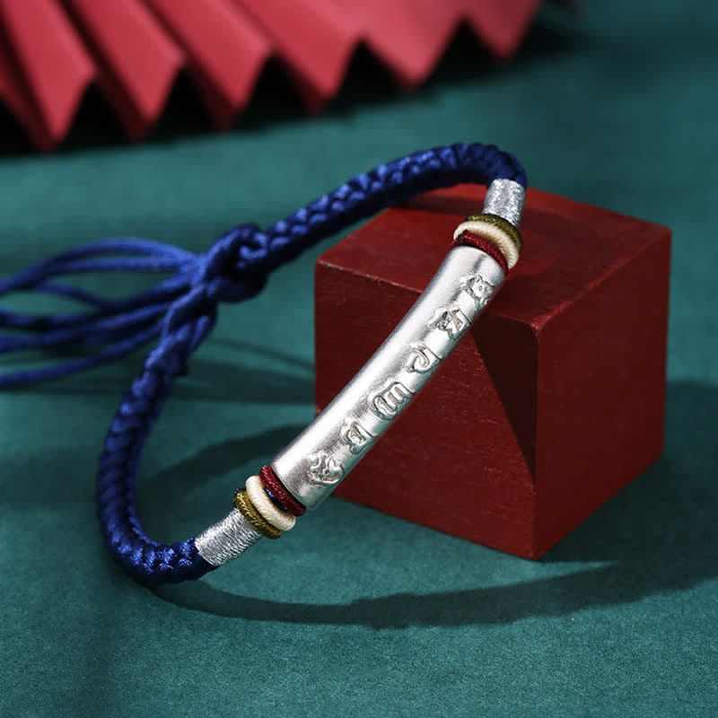 Braccialetto di corda di protezione e forza Om Mani Padme Hum in argento sterling 999 Buddha Stones