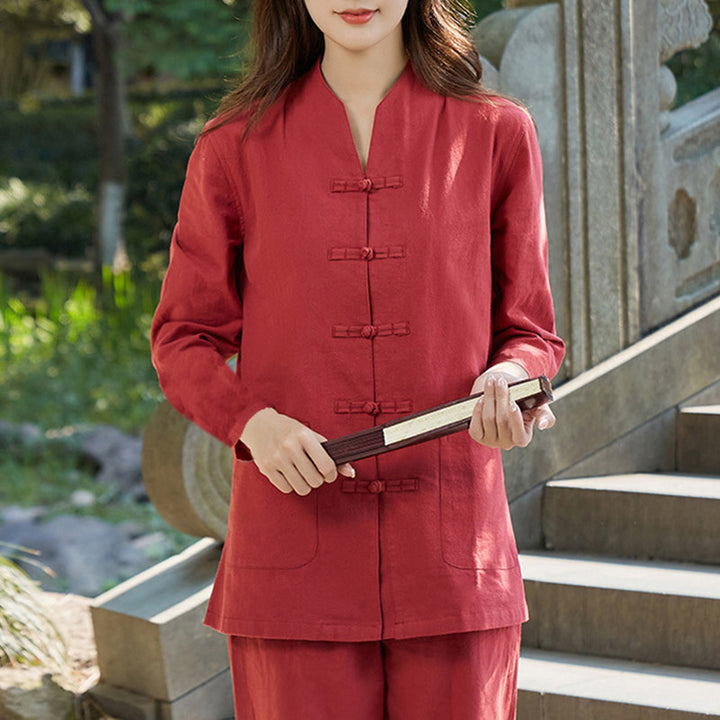 Buddha Stones Spirituale Zen Pratica Yoga Meditazione Preghiera Uniforme Cotone Lino Abbigliamento Donna Set - Rosso - US18, UK/AU22, EU50 (6XL) - image 9