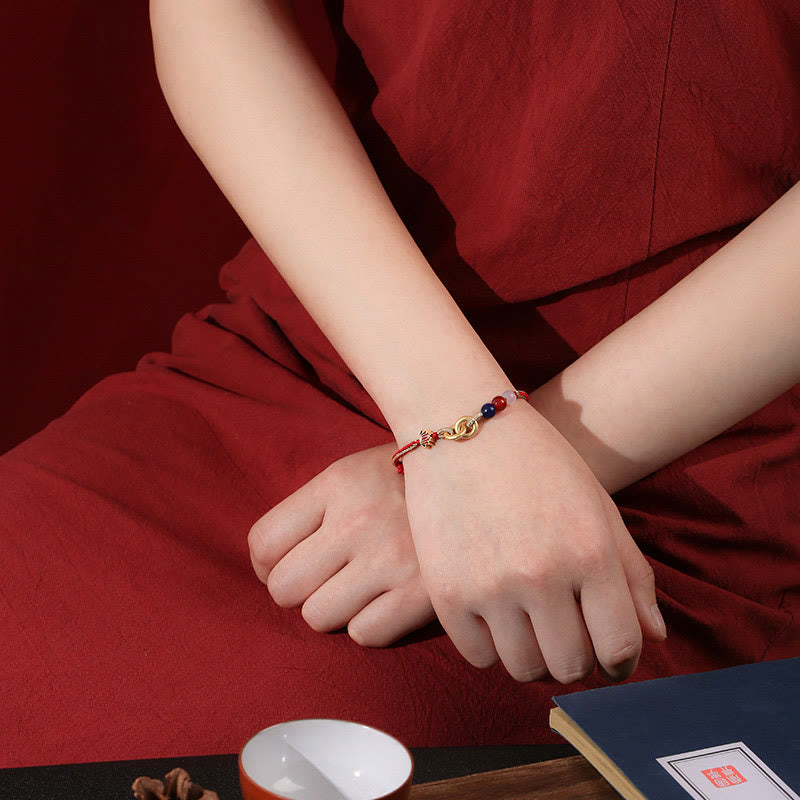 Braccialetto di buon auspicio con fibbia a doppia pace in argento sterling 925 Buddha Stones