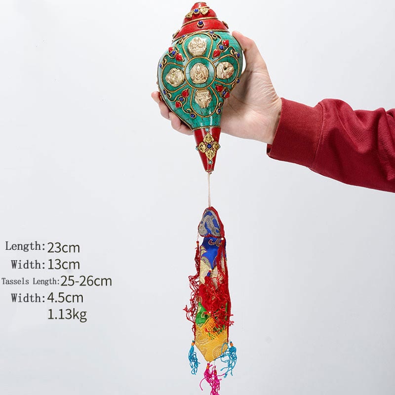 Shankha tibetano fatto a mano Om Mani Padme Hum Buddha Avalokitesvara Turchese Conchiglia Decorazione positiva
