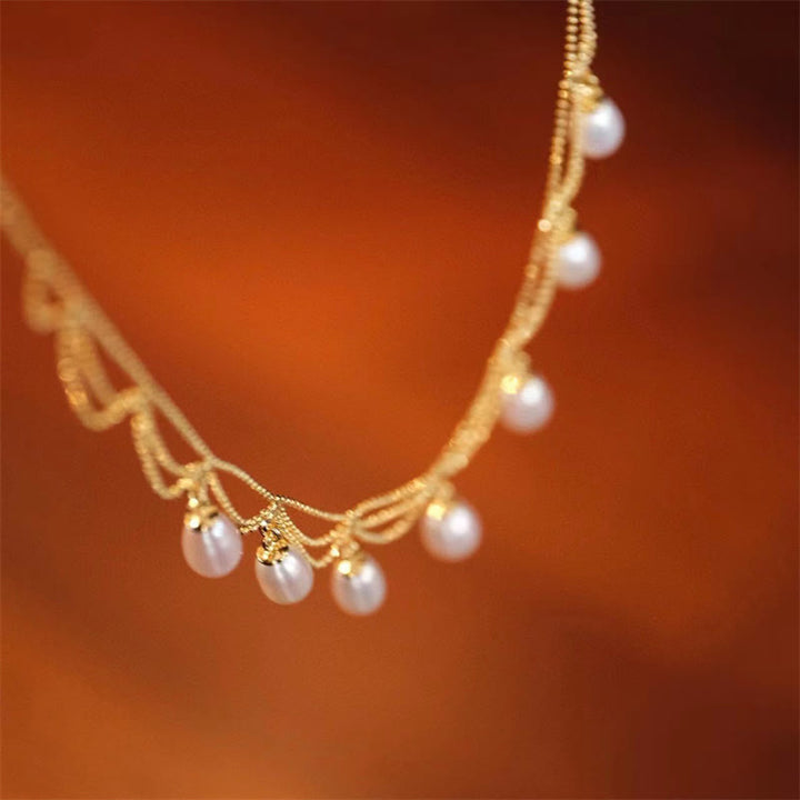Collana con ciondolo multistrato di perle curative placcate in oro 14K vintage