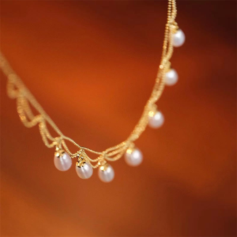 Collana con ciondolo multistrato di perle curative placcate in oro 14K vintage