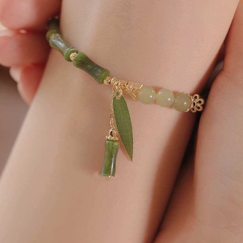 Braccialetto Buddha Stones Jade Bamboo Leaf Mughetto Modello Fortuna Abbondanza