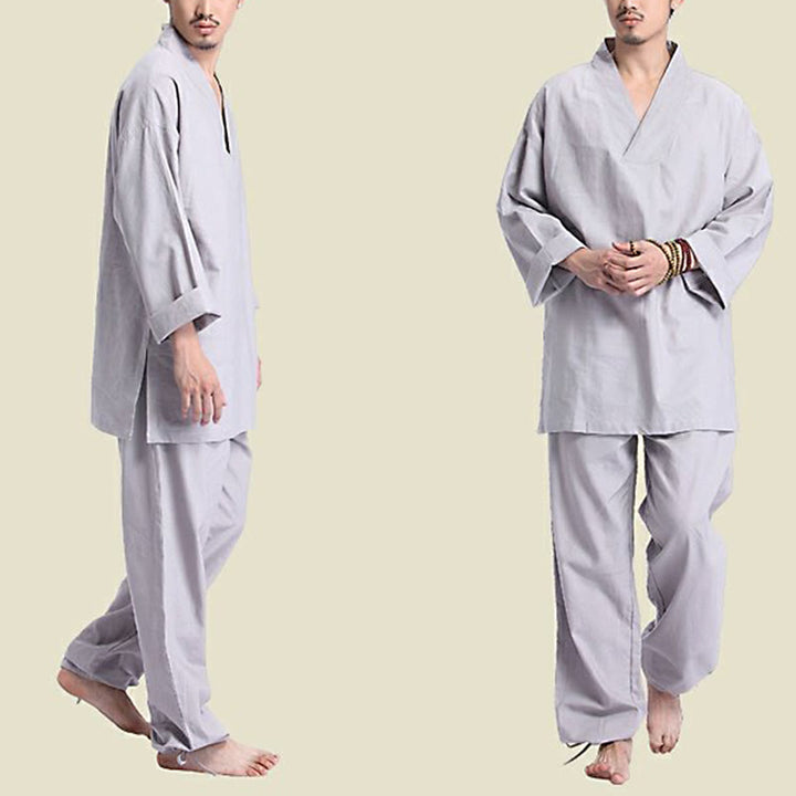 Set da uomo di abbigliamento yoga Buddha Stones a V, in cotone e lino, per meditazione e preghiera, spirituale e zen