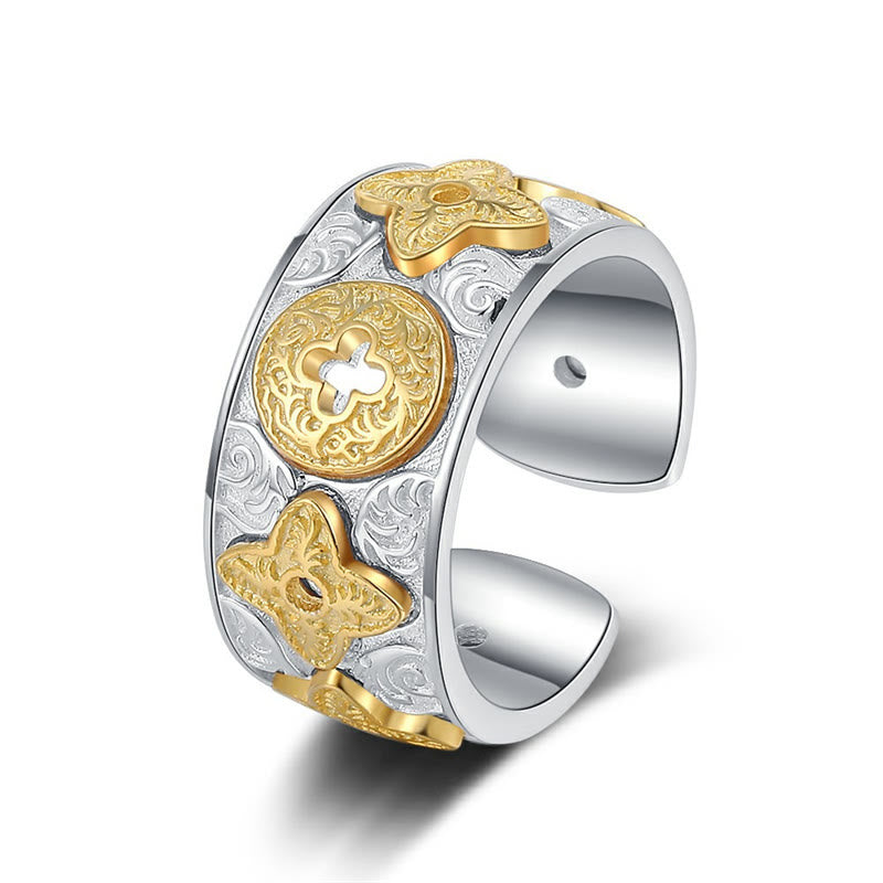 Anello portafortuna con motivo floreale della dinastia Tang in argento sterling 925 Buddha Stones