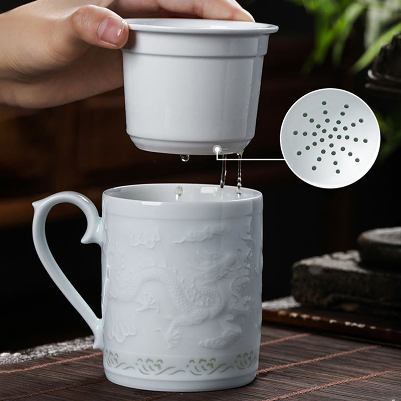Buddha Stones Jingdezhen Linglong Porcellana Drago di Buon Auspicio Barca Fenice Navigazione Liscia Tazza da Tè in Ceramica Tazze da Tè da Ufficio 420ml