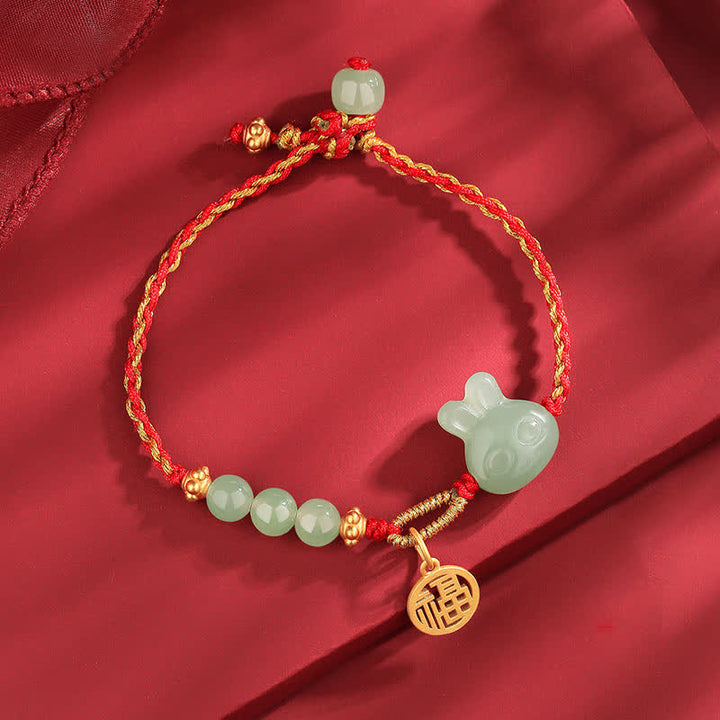 Braccialetto in corda rossa con Buddha Stones in argento sterling 925 Anno del coniglio in giada Hetian Felicità Fortuna
