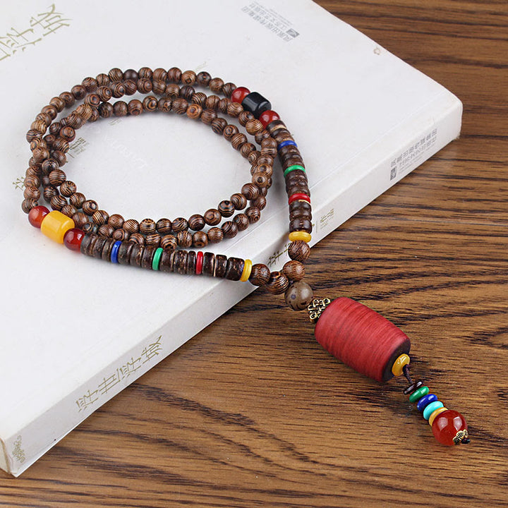 Buddha Stones Tibetano Legno Wenge Bodhi Seme Agata Equilibrio Pace Collana Pendente