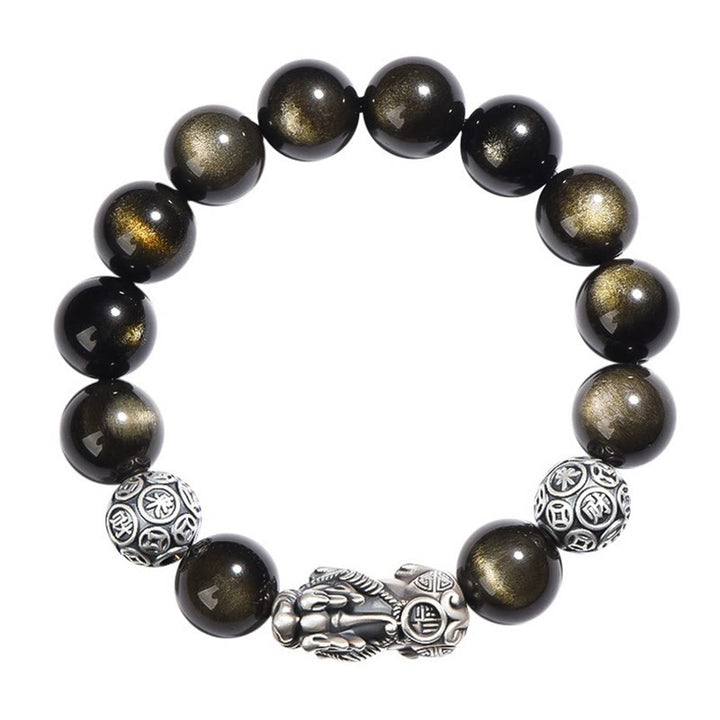 Braccialetto di protezione della ricchezza PiXiu in ossidiana naturale lucidata in argento sterling 925 Buddha Stones