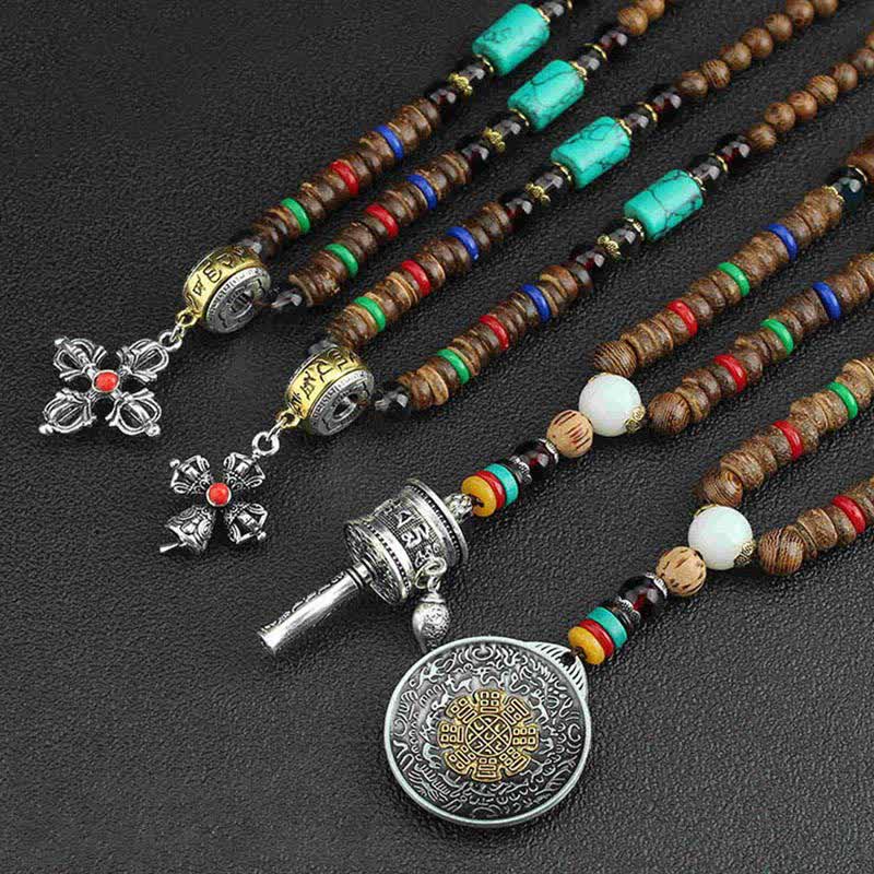 Buddha Stones Tibetano Om Mani Padme Hum Ruota della Preghiera Rotazione Vajra Collana Pendente in Legno - image 21