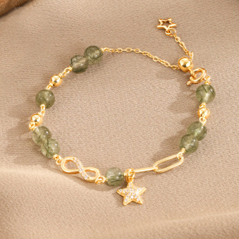 Bracciale Buddha Stones in oro 14K con quarzo rutilato verde e anello Möbius, protezione della stella dell'amore eterno