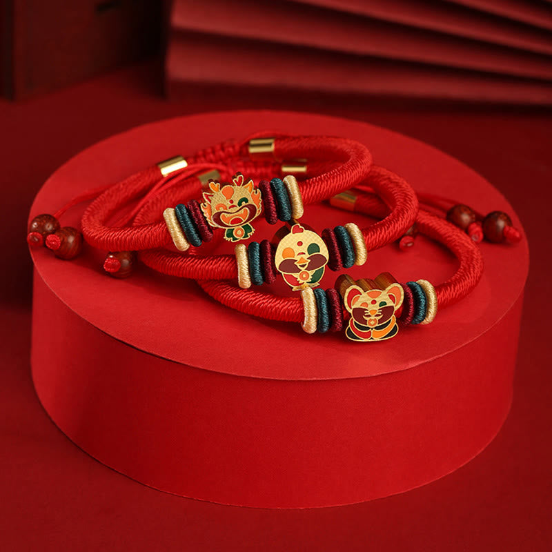 Braccialetto rosso intrecciato con ciondolo a forma di fortuna Buddha Stones in argento sterling 925 fatto a mano con motivo dell'anno del drago cinese