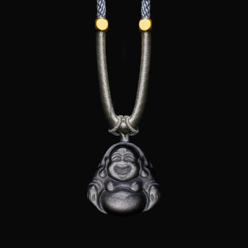 Collana con ciondolo di protezione Buddha che ride in ossidiana naturale con Buddha Stones in argento - Collana Laughing Buddha grigio chiaro - image 6
