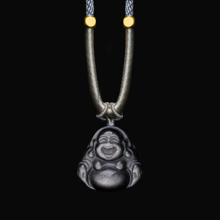 Collana con ciondolo di protezione Buddha che ride in ossidiana naturale con Buddha Stones in argento - Collana Laughing Buddha grigio chiaro - image 6