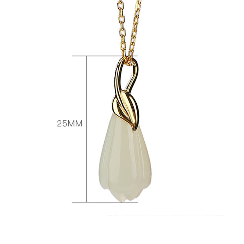 Collana con Buddha Stones in giada Hetian naturale, ciondolo con fiore di magnolia, ciondolo in argento sterling 925 placcato oro