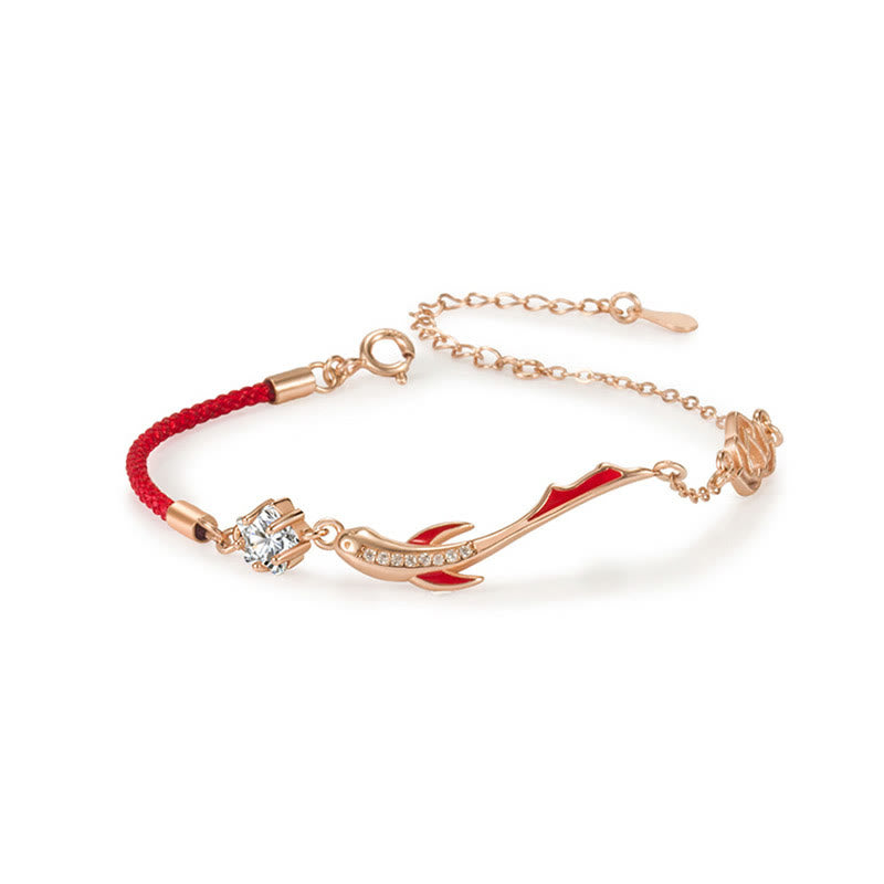 Braccialetto in corda rossa intrecciata con stella di loto e pesce koi in argento sterling 925 Buddha Stones