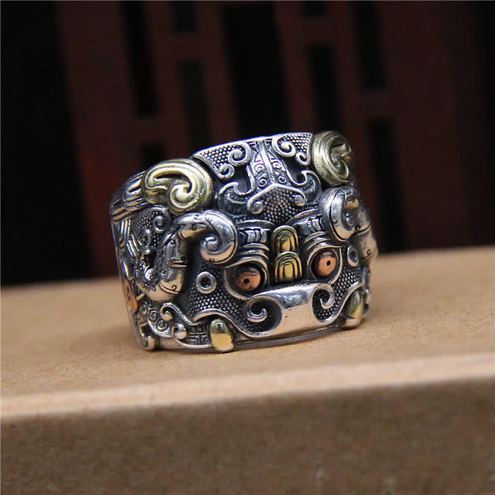 Anello regolabile con protezione del bestiame Fengshui Kui in argento sterling 925 Buddha Stones