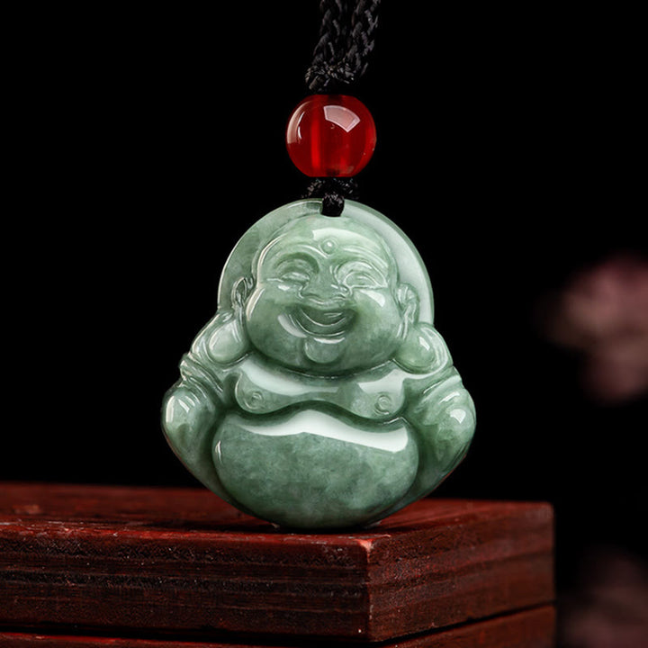 Buddha Stones Giada verde naturale Buddha che ride Collana con ciondolo di fortuna e abbondanza