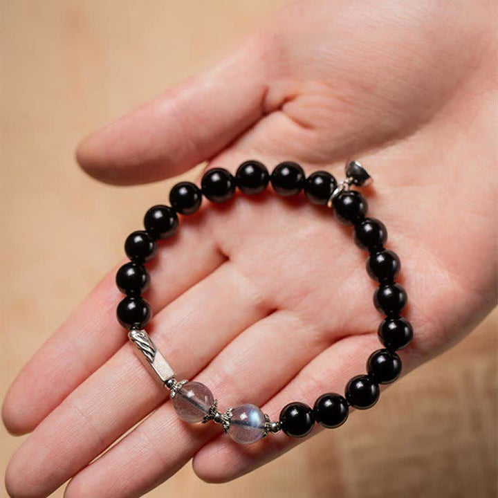 Bracciale di coppia in argento sterling 925 con pietra di luna e ossidiana