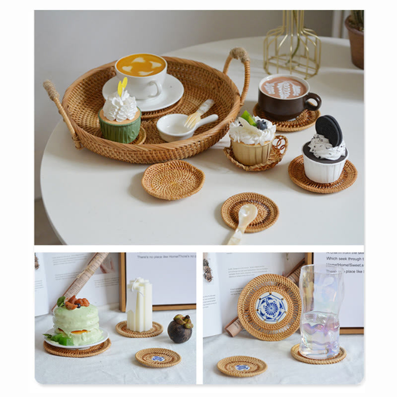 Sottobicchiere per tazza da tè in rattan con motivo floreale in ceramica