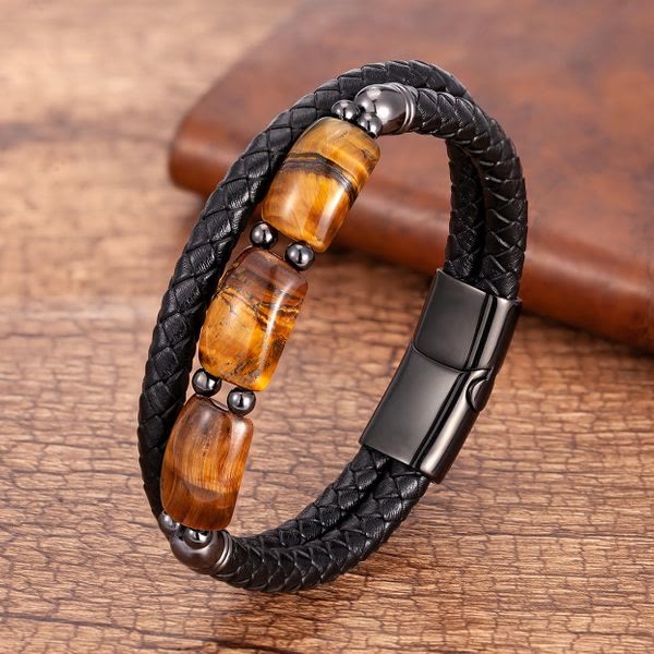 Braccialetto in pelle con fibbia magnetica e protezione naturale dell'occhio di tigre Buddha Stones