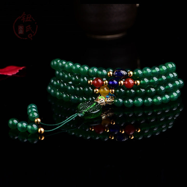 Buddha Stones 108 Mala Beads Braccialetto di supporto energetico in agata verde naturale