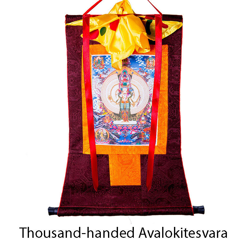 Buddha Stones Tibetano Avalokitesvara dalle mille mani con cornice Thangka Benedizione Decorazione