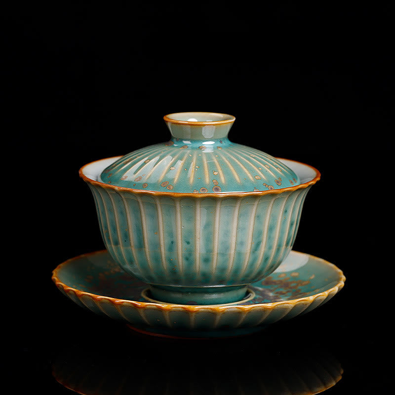 Buddha Stones Retro Glaze Kiln Change Ceramica Gaiwan Sancai Tazza da tè Kung Fu Tazza da tè e piattino con coperchio - Stile verde (colore e smalto possono variare) - 11,5 cm * 8,5 cm * 140 ml - image 8