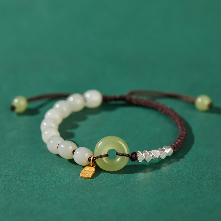 Braccialetto con ciondolo di fortuna e felicità con perline e fibbia della pace in giada Hetian in argento sterling 925 Buddha Stones