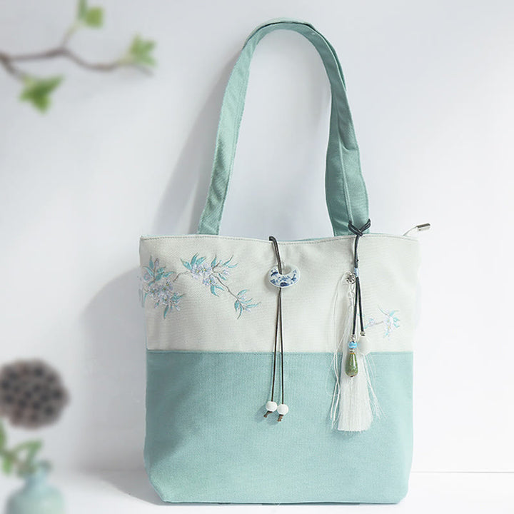 Borsa a tracolla grande capacità in tela con ricamo in bambù, prugna, fiore di pera, pesco