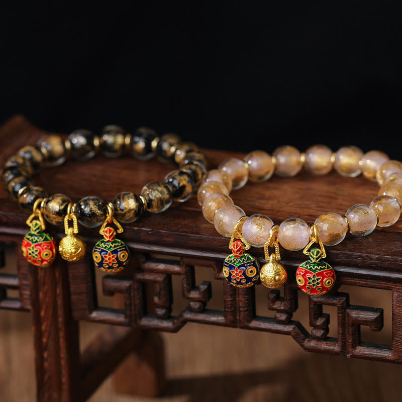 Buddha Stones Oro Ingoiando Bestia Famiglia Ciondolo Oro Argento Lamina Liuli Perline di Vetro Braccialetto Benedizioni