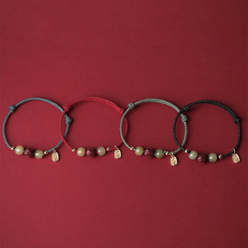 Braccialetto di corda artigianale Buddha Stones in giada Hetian placcato oro 14K, cinabro e loto portafortuna
