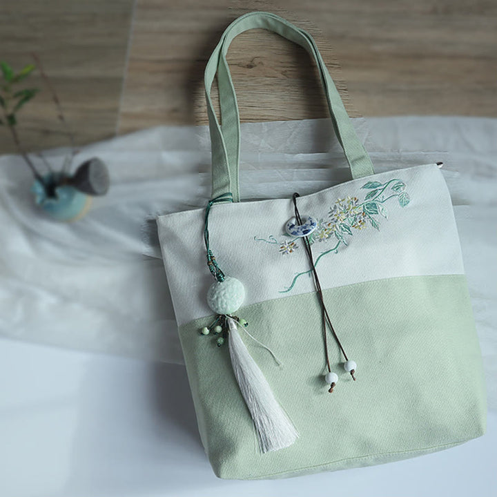 Borsa a tracolla grande capacità in tela con ricamo in bambù, prugna, fiore di pera, pesco